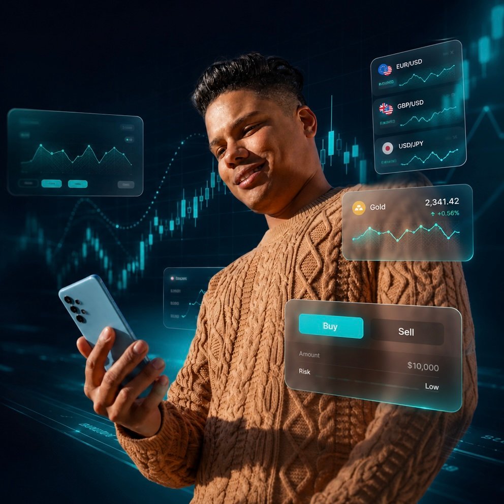 Trader using a phone with forex and gold market charts